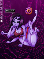 1girls 2020 5_eyes 5_fingers 5_toes 6_arms absurd_res alcasar-reich animal_humanoid anthro arachnid arachnid_humanoid arthropod arthropod_humanoid artist_name big_breasts black_eyes black_hair black_sclera breasts cleavage clothed clothed_female clothes clothing curvy_figure dialogue dialogue_box donut english_text eyebrows female food hair hand_on_face hand_on_leg hand_on_thigh hi_res humanoid monster muffet multi_arm multi_eye multi_limb one_eye_closed panties purple_background purple_body purple_skin red_panties red_tank_top simple_background solo spider spider_humanoid spider_web spider_web_background spider_webs tank_top text text_box thick_legs thick_thighs thighs undertale video_games voluptuous