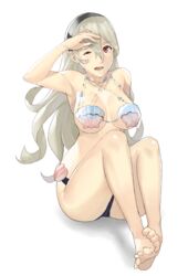 1girls arm_behind_head ass big_breasts bikini bikini_top breasts corrin_(fire_emblem) corrin_(fire_emblem)_(female) curvy embarrassed feet female fire_emblem fire_emblem_cipher fire_emblem_fates hair_between_eyes hairband j@ck jewelry large_breasts legs long_hair looking_away manakete narrow_waist navel necklace one_eye_closed paid_reward patreon_reward pointy_ears red_eyes seashell shell shell_bikini silver_hair simple_background swimsuit tareme thighs white_background wide_hips