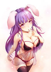 1girls belly belly_button big_breasts black_thighhighs bra breasts bunny_ears bunny_girl cleavage female female_focus female_only licking_finger lingerie long_hair looking_at_viewer mostly_nude panties purple_eyes purple_hair rabbit rabbit_ears reisen_udongein_inaba solo solo_female solo_focus thighhighs touhou very_long_hair