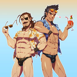 2boys abs arm_on_shoulder athletic athletic_male beard black_hair brown_hair bulge eight_pack erect_penis erection erection_under_clothes eugen_(granblue_fantasy) eyepatch floral_shirt gay goatee gradient_background granblue_fantasy hand_on_hip hawaiian_shirt holding_glass holding_object looking_at_viewer male male_only male_pubic_hair moustache muscles muscular muscular_male one_eye_closed open_shirt partially_clothed pubic_hair smiling smith_(ardp13) smithswhc speedo sunglasses sunglasses_on_forehead sunglasses_on_head swimwear tight_clothing tongue_out treasure_trail veiny_muscles yngwie