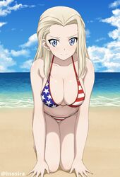 1girls all_fours american_flag american_flag_bikini beach big_breasts bikini blonde_hair blue_eyes breasts clara_(girls_und_panzer) cleavage female_focus female_only flag_print girls_und_panzer highres inoshira kneeling looking_at_viewer midriff navel ocean simple_background sky solo swimsuit