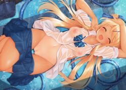 blonde_hair dark_skin kin-iro_mosaic kujou_karen long_hair minato_(ojitan_gozaru) navel nipples no_bra nopan pool pussy school_uniform see_through skirt tan_lines tanline uncensored wet