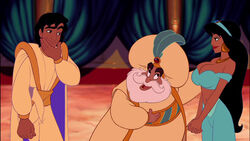 1girls 2boys aladdin aladdin_(1992_disney_film) aladdin_(character) arabian arabian_clothes big_breasts black_hair busty cleavage dark-skinned_female dark-skinned_male dark_skin disney disney_princess edit fully_clothed gan_(artist) harem_outfit huge_breasts large_breasts princess princess_jasmine screenshot_edit sultan_(aladdin) voluptuous