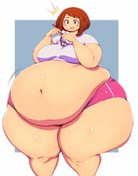 1girls belly big_belly brown_hair chubby eating fat giant_ass huge_ass huge_belly huge_thighs hyper hyper_ass hyper_belly hyper_thighs jaykuma motion_lines my_hero_academia obese ochako_uraraka overweight smiling