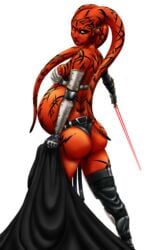 1girls alien amber_eyes bubble_butt butt butt_crack celesseshading darth_talon detached_sleeves lightsaber pregnant red_skin sith star_wars star_wars:_legacy tattoos twi'lek