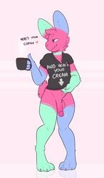 2020 anthro balls beverage big_ears blue_body blue_fur clothed clothing clothing_lift coffee coffee_mug cup digital_media_(artwork) english_text fur genitals girly green_body green_fur heart hi_res holding_cup holding_object humanoid_genitalia humanoid_penis lagomorph leporid male mammal multicolored_body multicolored_fur nicopossum nude penis pink_body pink_fur rabbit scut_tail shirt shirt_lift simple_background smile solo solo_male t-shirt text text_on_clothing text_on_shirt text_on_topwear topwear