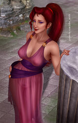 1girls architecture breasts_visible_through_clothing brown_hair disney dress female greco-roman_architecture hand_on_hip hercules_(disney) john_reith long_hair megara nipples_visible_through_clothing ponytail pubic_hair purple_eyes pussy_visible_through_clothes see-through_clothing see-through_dress voluptuous