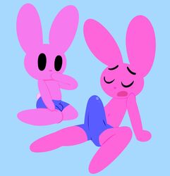 2boys anthro big_bulge blue_background bulge bulge_through_clothing colored digital_drawing_(artwork) duo empty_eyes erection erection_under_clothes featureless_chest flat_colors furry gay huge_cock lagomorph male male_only mark_m pink_body rabbit sitting tagme toony topless_male