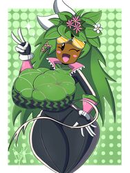 1girls anthro blaster_master breasts female female_only goggles_on_head green_hair hips kanna_(blaster_master) latex lordoozy mob_face peace_sign plant_girl plantie solo solo_female squished_breasts thick_thighs thighs v victory_pose watermelon watermelon_bra winking