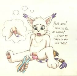 anthro balls castration circumcised circumcision cut dialogue digimon foreskin gatomon male male_only speech_bubble tailmon