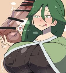 1girls alternate_breast_size big_breasts big_dildo blush breasts censor_bar censored cheryl_(pokemon) dildo female green_eyes green_hair half-closed_eyes huge_breasts large_breasts long_hair nintendo nipple_bulge nishikun pokemon pokemon_dppt spoken_heart sweat textless veiny_dildo