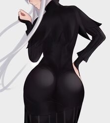 1girls ass big_ass black_dress curvy_figure dat_ass dress echidna_(re:zero) from_behind fully_clothed long_hair re:zero_kara_hajimeru_isekai_seikatsu thin_waist tight_clothing tight_dress white_background white_hair witch zaki_btw