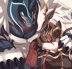 anthro berthe_(elsword) blush duo elsword feral genitals hadron_(elsword) handjob larger_male male male/male muscular muscular_anthro nipples penile penis penis_grab sex shixiexiaomo size_difference