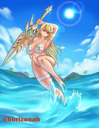 1girls amber_eyes beach bikini blonde_hair circlet female hikari_(xenoblade_2) horizonah221 huge_breasts jumping large_breasts long_hair looking_at_viewer mythra sideboob small_bikini smile solo solo_female swimsuit sword weapon xenoblade_(series) xenoblade_chronicles_2