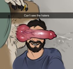 anatomically_correct anatomically_correct_genitalia anatomically_correct_penis animal_genitalia animal_penis anthro beard bodily_fluids can't_see_the_haters canid canine canine_penis canis cant_see_the_haters claws duo english_text erection facial_hair furry genital_fluids genitals human knot male mammal meme penis penis_on_face penis_on_head precum reyes_(sepulte) selfie sepulte smile testicles text these_aren't_my_glasses vein veiny_penis werewolf wolf yaoi