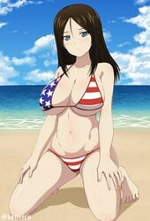 1girls american_flag american_flag_bikini beach big_breasts bikini blue_eyes breasts brown_hair cleavage feet female_focus female_only flag_print girls_und_panzer inoshira kneeling looking_at_viewer midriff navel nonna ocean sky solo swimsuit