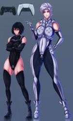 2girls athletic belly big_breasts black_hair black_legwear body_markings bodysuit dualsense dualshock_4 embarrassed humanized joystick muscular playstation sony_corporation taller_girl tight_clothing tights white_hair