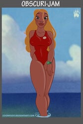 1girls big_breasts blonde_hair breasts casual coonfoot dark-skinned_female dark_skin deviantart disney female female_focus female_only hourglass_figure huge_ass huge_breasts human human_only lifeguard lifeguard_(lilo_and_stitch) lilo_and_stitch mature mature_female mature_woman one-piece_swimsuit pinup public raccoonfoot solo solo_female solo_focus swimwear thick_thighs watermark wide_hips wristwatch wristwear