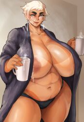 1girls areolae bbw belly big_belly big_breasts blue_eyes blush breasts busty chubby cleavage cup curvy donaught earrings eyes female female_only glasses hair high_resolution huge_breasts lactation large_breasts lipstick mature_female miffu milf milk milk_in_container milk_in_cup mole muscular original original_character panties pawg robe smiling solo tan tan_skin tanline thick_eyebrows venus_body very_high_resolution voluptuous