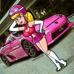 1girls big_breasts blonde_hair blue_eyes car cleavage cleavage_cutout earrings female female_only fingerless_gloves hanna-barbera high_heel_boots high_heels huge_breasts knee_boots large_breasts lexus lexus_lfa motor_vehicle penelope_pitstop ponytail race_queen sandybelldf skimpy skirt solo sports_car wacky_races