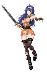 armpits breasts female fingerless_gloves fire_emblem fire_emblem:_path_of_radiance fire_emblem:_radiant_dawn full_body holding_weapon j@ck long_hair mia_(fire_emblem) nintendo simple_background torn_clothes white_background