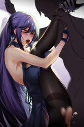 1boy absurdres azur_lane bangs big_breasts black_legwear black_ribbon blue_hair blush braid breasts cum cum_in_pussy dress eichi essex_(azur_lane) female gloves hair_ribbon high_heels highres large_breasts long_hair necktie open_mouth pantyhose ribbon sex solo_focus standing standing_sex straight sweat torn_clothes torn_legwear twintails vaginal_penetration very_long_hair yellow_eyes