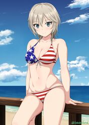 1girls american_flag american_flag_bikini anastasia_(idolmaster) bangs bare_shoulders beach big_breasts bikini blue_eyes blue_sky breasts cleavage closed_mouth collarbone female_focus female_only idolmaster idolmaster_cinderella_girls inoshira looking_at_viewer navel ocean short_hair solo swimsuit thighs