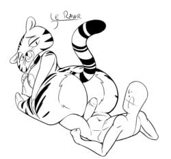 2019 anon anthro areola ass big_butt black_and_white breasts collar domestic_cat duo felid feline felis female fur genitals half-closed_eyes human human_on_anthro interspecies kitty_is_not_a_cat larger_anthro larger_female looking_back male mammal monochrome narrowed_eyes nipples penis petal_(kinac) size_difference smaller_human smaller_male straight striped_body striped_fur stripes zokva