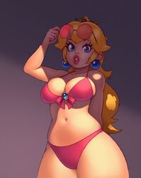 1girls arm_behind_back bad_id bad_twitter_id bare_shoulders big_lips bikini blonde_hair blue_eyes breasts brooch cleavage crown curvy earrings female female_only highres human human_only large_breasts lips lipstick long_hair looking_at_viewer mario_(series) nintendo pearl_earrings pink_bikini princess_peach rizdraws shaded simple_background solo solo_female standing sunglasses sunglasses_on_head swimsuit thick thick_lips thick_thighs thighs wide_hips year_request