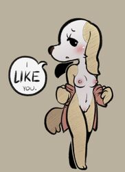 2020 aggressive_retsuko anthro blush bottomless breasts canid canine canis clothed clothing dialogue domestic_dog english_text female front_view full-length_portrait genitals hi_res inui_(aggressive_retsuko) mammal nipples off_shoulder portrait pussy sanrio smooth_skin solo speech_bubble standing text thehenwithatie undressing