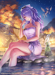 1girls alternate_costume anbe_yoshirou ara_ara bare_arms bare_legs bare_shoulders bare_thighs big_breasts big_sister blush blushing breasts calm camilla_(fire_emblem) camilla_(hot_springs)_(fire_emblem) cleavage crossed_legs crossing_legs cute female female_focus female_only finger_to_cheek fire_emblem fire_emblem_cipher fire_emblem_fates fire_emblem_heroes hair_over_one_eye hair_ribbon head_tilt hot_spring human human_focus human_only large_breasts legs legs_crossed light-skinned_female light_skin long_hair long_legs looking_at_viewer mature mature_female naked_towel night nintendo official_alternate_costume one_eye_covered onsen partially_submerged peaceful purple_eyes purple_hair purple_towel red_eyes relaxed relaxing ribbon sitting smile smiling smiling_at_viewer soaking_feet solo solo_female solo_focus thick thick_thighs thighs tiara towel towel_only water wavy_hair wholesome y_ambe