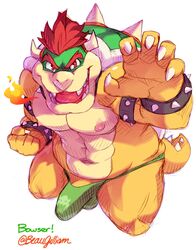 1boy 5_fingers anthro armband bara beaugilliam bowser bowser_logo bracelet breath_powers claws clothing collar elemental_manipulation fingers fire fire_breathing fire_manipulation genitals green_clothing green_underwear hair hi_res horn jewelry koopa looking_at_viewer male male_only mario_(series) muscular muscular_anthro muscular_male nintendo nipples open_mouth pecs penis penis_base red_eyes red_hair scalie sharp_teeth shell simple_background solo solo_male spiked_armband spiked_bracelet spiked_collar spiked_shell spikes spikes_(anatomy) teeth tenting thong underwear video_games white_background