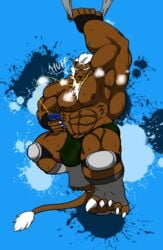 absurd_res anthro big_muscles bodily_fluids brown_body brown_fur bulge clothing exercise felid fur green_clothing green_underwear hair hi_res huge_muscles ipod kaze3481_(artist) lion male male_only mammal muscular muscular_anthro muscular_male musk pantherine protective_gear solo steam sweat tail_tuft thong tuft underwear white_hair