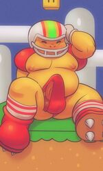 2020 3:5 anthro armor balls belly chargin'_chuck closed_eyes clothed clothing erection erection_under_clothing footwear genitals headgear helmet hi_res lavabath male mario_(series) moobs nintendo nipples outside overweight overweight_anthro overweight_male penis scalie shoes shoulder_pads sitting socks solo solo_male spikes sportswear super_mario_world underwear video_games