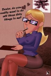 big_breasts blonde_hair cartoon_network dexter's_laboratory dialogue english_text erect_nipples erect_nipples_under_clothes heart madmark mrs._morris notepad pen solo_focus thick_thighs