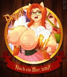 2020 alcohol anthro areola beer beverage big_areola big_breasts big_nipples braided_hair breasts brown_hair digital_media(artwork) dirndl domestic_cat eyewear felid feline felis female german_text glasses green_eyes hair holding_object huge_areolae huge_breasts huge_nipples katrina_fowler llmixll long_hair looking_at_viewer mammal nipple open_mouth outline solo text translated url