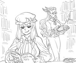 2girls bangs bb_(baalbuddy) big_breasts breasts chaos_(warhammer) chaos_daemon clothed clothed_female daemonette english_text female female_only fully_clothed librarian monochrome patchouli_knowledge simple_background slave tagme text touhou very_high_resolution warhammer_(franchise) warhammer_40k white_background young