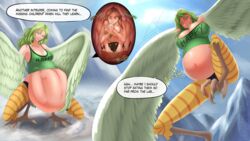 2girls big_belly big_breasts breast_expansion clothing digestion digestion_noises english_text female female_only green_hair green_shirt harpy inside_view lampton long_hair midriff monet_(one_piece) monster_girl multiple_girls one_piece tagme talons vore weight_gain wings