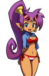 1girls abby_nii bikini blue_eyes breasts brown_skin dark-skinned_female dark_skin earrings eyewear_on_head hands_behind_back highres hood hoodie hoop_earrings jewelry long_hair long_sleeves looking_at_viewer open_clothes open_mouth ponytail purple_hair red_bikini shantae shantae_(character) smile smooth_skin solo sunglasses swimsuit tan_skin thighs third-party_edit tiara