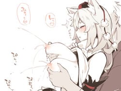 1boy animal_ear_fluff animal_ears asutora blush breast_grab breasts female grabbing grabbing_from_behind hat lactation large_breasts momiji_inubashiri red_eyes red_headwear short_hair simple_background solo_focus straight tokin_hat touhou white_background white_hair wolf_ears