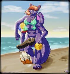 1futa 4_arms 4_toes 5_fingers anthro athletic athletic_futanari balls beach big_breasts big_penis bikini bikini_top black_penis bottomless breasts canid canine clothed clothing cloud day diphallia diphallism erection finger_claws fingers frisbee fur furry futanari genitals gynomorph hair hi_res holding_object humanoid_genitalia humanoid_penis hybrid_genitalia hybrid_penis intersex jewelry knot knotted_humanoid_penis looking_at_viewer mammal monotone_hair multi_arm multi_breast multi_genitalia multi_limb multi_nipple multi_penis necklace nikkyvix nipples orange_hair outside penis plantigrade purple_body purple_fur sand sea seaside sky solo standing swimwear tazel toes water yellow_eyes