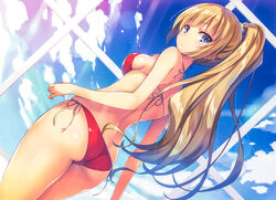 absurdres ass bangs bare_shoulders bikini blue_eyes blue_sky breasts brown_hair classroom_of_the_elite cloud day dutch_angle eyebrows_visible_through_hair female from_behind high_ponytail highres huge_filesize incredibly_absurdres karuizawa_kei long_hair looking_back medium_breasts ponytail red_bikini resized scan shoulders side-tie_bikini sideboob sky solo strap_gap sunlight swimsuit tomose_shunsaku upscaled youkoso_jitsuryoku_shijou_shugi_no_kyoushitsu_e