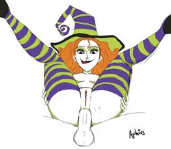 anal anal_sex aphius balls biting_lip blue_eyes breasts looking_at_viewer nipples orange_hair penis pussy raised_legs scary_godmother scary_godmother_(series) sex smirk spread_legs striped_legwear thighhighs underboob unseen_male_face witch