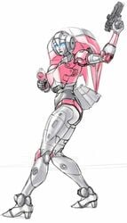 arcee autobot blue_eyes cybertronian female gun heels not_porn pink_and_white robot_girl robot_humanoid simple_background solo_female standing transformers transformers_g1