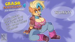 1girls 2020 absurd_res activision anthro artist_logo artist_name bandicoot big_breasts black_nose blonde_hair blue_background blue_eyes blue_hair blue_pants breasts brown_jacket bursting_breasts cleavage cleavage_overflow clothed clothed_female clothes clothing crash_(series) crash_bandicoot crash_bandicoot_4:_it's_about_time curvy curvy_body curvy_female curvy_figure dialogue ear_piercing earrings english_text eyebrows female fingerless_gloves fur furry furry_only gloves hi_res inviting_to_sex jacket looking_to_the_side marsupial mklancer00 mole mole_under_eye offscreen_male open_mouth orange_fur paizuri_invitation pants pierced_ear pink_shirt pirate_tawna red_shoes shirt shoes simple_background sitting talking_to_another tawna_bandicoot tawna_bandicoot_(crash_4) text thick_thighs thighs twitter_username two_tone_fur yellow_fur