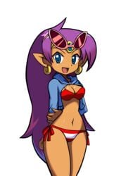 1girls abby_nii bikini blue_eyes breasts brown_skin dark-skinned_female dark_skin earrings eyewear_on_head hair_down hands_behind_back highres hood hoodie hoop_earrings jewelry long_hair long_sleeves looking_at_viewer open_clothes open_mouth purple_hair red_bikini shantae shantae_(character) smile smooth_skin solo sunglasses swimsuit tan_skin thighs third-party_edit tiara