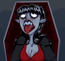 ahe_gao black_hair blush breasts cleavage coffin countess_ruby drooling eyeshadow fangs kythos lipstick long_hair makeup open_mouth red_lipstick scary_godmother_(series) solo_female sweat vampire