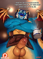 absurd_res activision anthro apron balls beverage blue_body bodily_fluids captain_nikko clothed clothing coffee crossed_arms cup dialogue dragon dripping english_text erection facial_hair facial_piercing foreskin gavin_(spyro) genital_fluids genitals hi_res horn humanoid_genitalia humanoid_penis ineffective_clothing looking_down low-angle_view male male_only moustache muscular muscular_anthro muscular_male nose_piercing patreon penis piercing precum precum_drip scalie solo spyro_reignited_trilogy spyro_the_dragon steam tattoo text topless uncut video_games wings