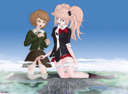 1boy 1girls blonde_hair city cityscape danganronpa enticent female femboy femboy_on_female femboysub femdom fujisaki_chihiro giant giantess gyaru hetero junko_enoshima macro male male/female malesub skirt straight straight_hair teasing