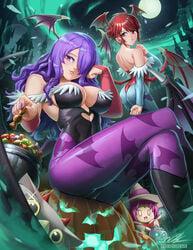 3girls absurdres alternate_costume animal_print ass bat_print breasts burnt_green_tea camilla_(fire_emblem) candy chibi cleavage clothing cosplay darkstalkers facial_mark fae_(fire_emblem) female female_only fire_emblem fire_emblem:_the_binding_blade fire_emblem_fates fire_emblem_heroes food forehead_mark halloween hat highres hinoka_(fire_emblem) leotard lilith_aensland lilith_aensland_(cosplay) morrigan_aensland morrigan_aensland_(cosplay) multiple_girls nail_polish nintendo pantyhose purple_hair purple_nails red_hair small_breasts vampire_(game)